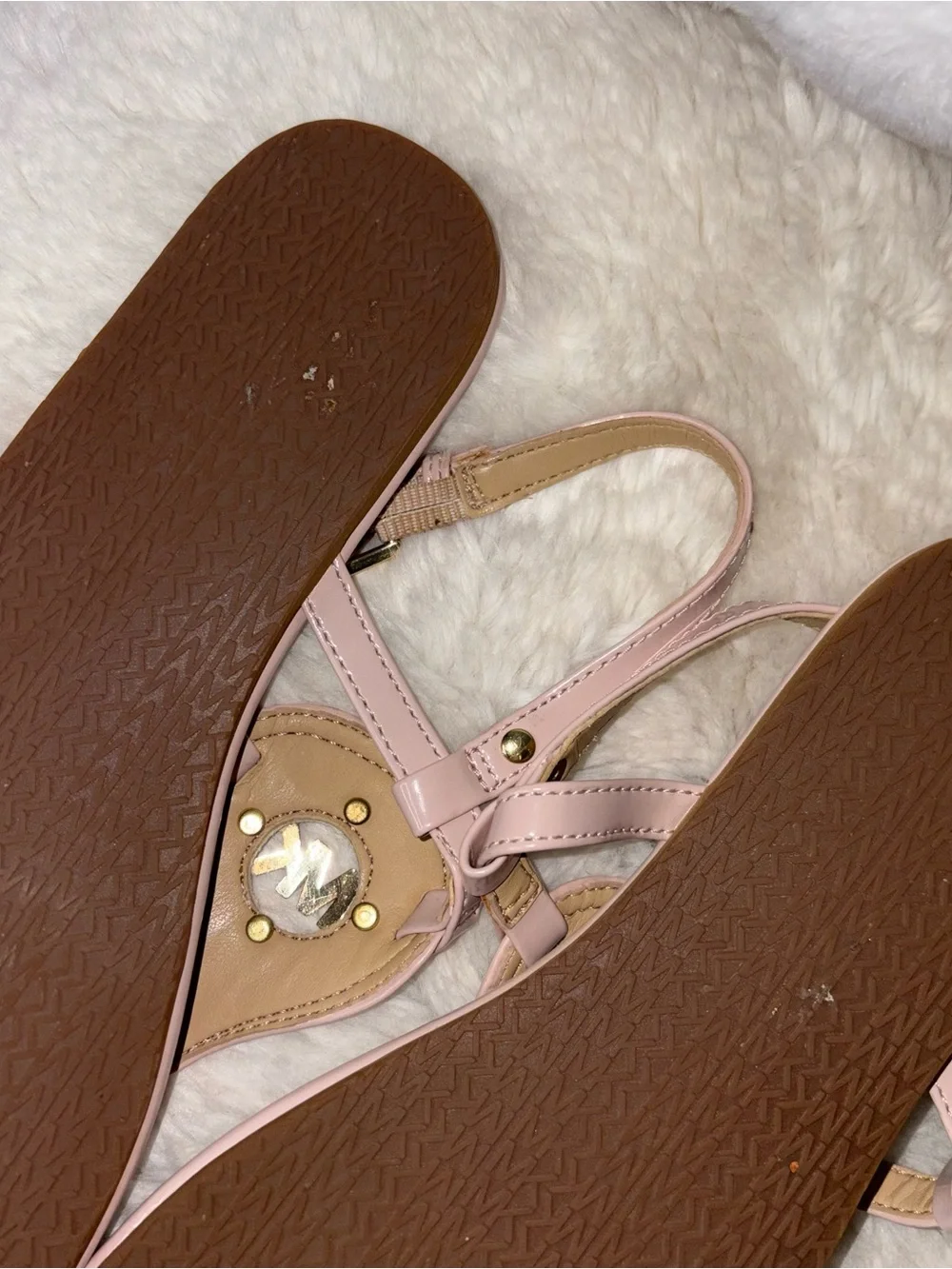 Michael Kors Blush Pink Patent Thong Sandals with Gold MK Logo | Women’s 6.5M
